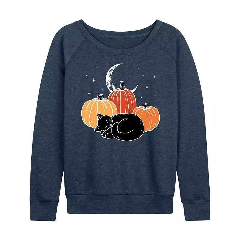 Women's Black Cat Pumpkin Nap French Terry Long Sleeve Tee,  Product Image