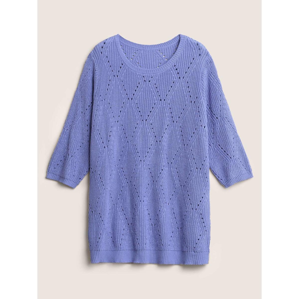 Plus Size Cotton Blended Geometric Hollow Out Pullover BlueViolet Women Casual Elbow-length sleeve Round Neck Everyday Pullovers BloomChic 30/6X Product Image
