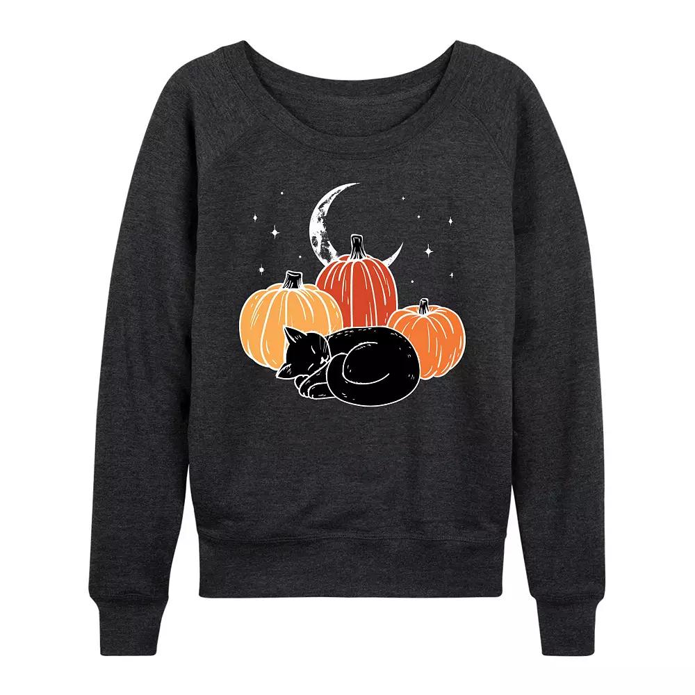 Women's Black Cat Pumpkin Nap French Terry Long Sleeve Tee,  Product Image
