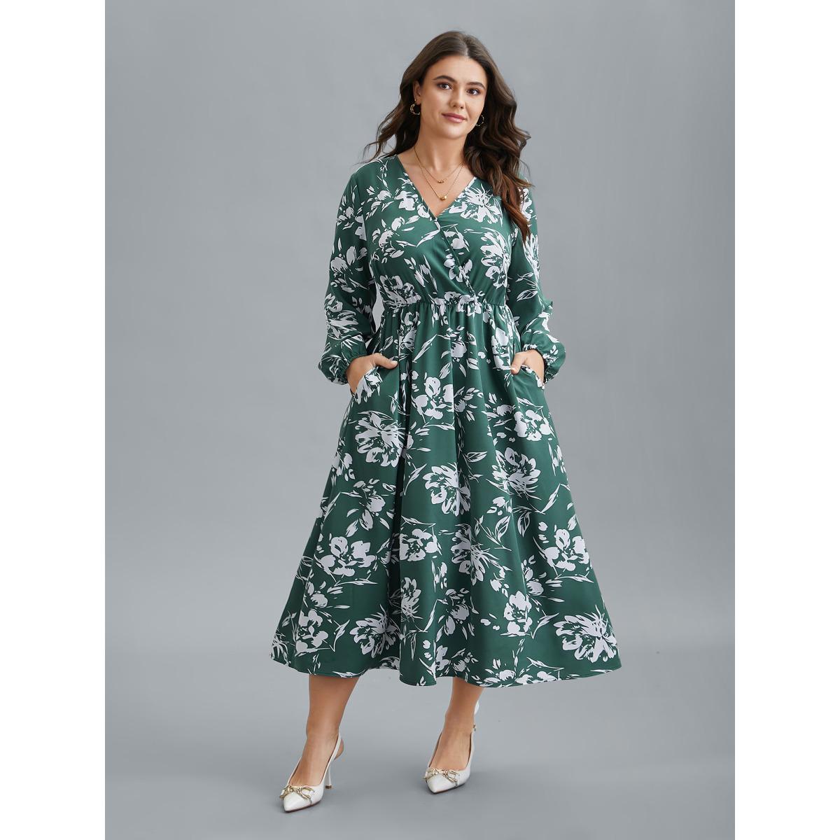 Plus Size Silhouette Floral Print Waist Cinched Midi Dress Emerald Women Elegant Non Overlap Collar Long Sleeve Curvy BloomChic 14-16/1X Product Image