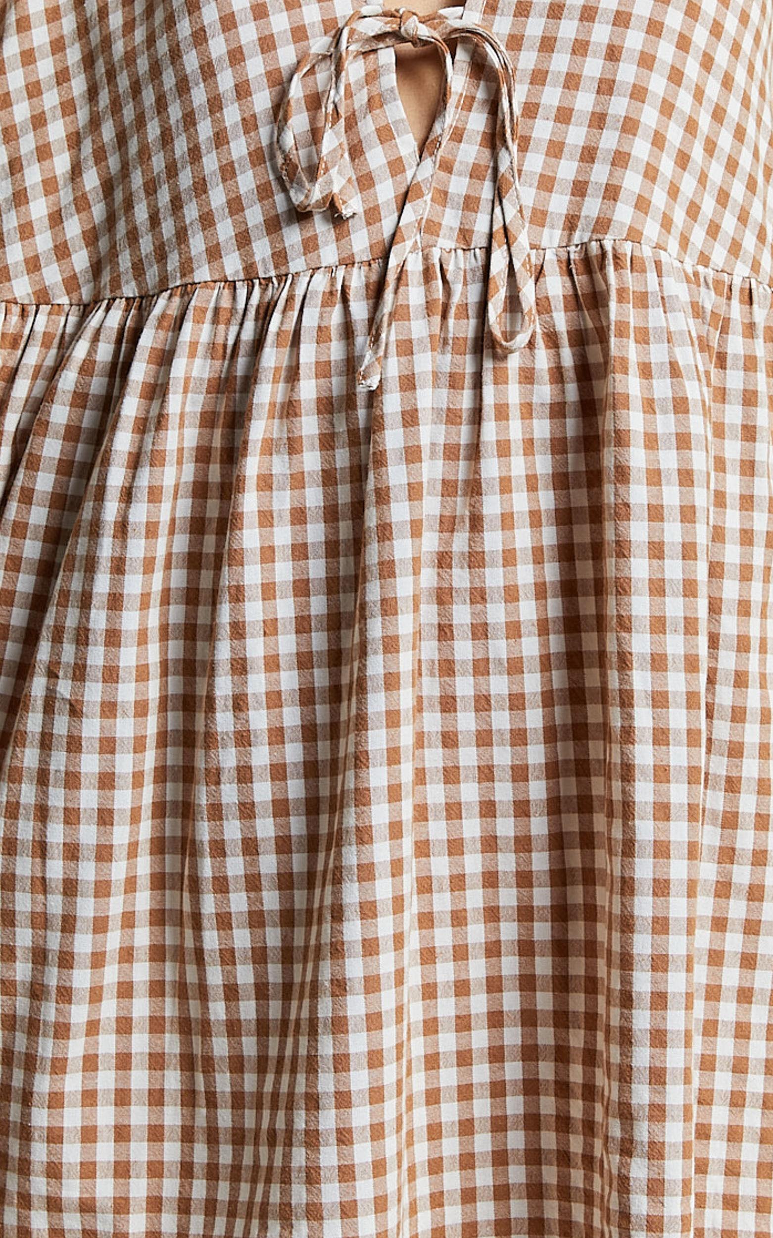 Rosita Mini Dress - Tie Front Puff Sleeve Dress in Caramel & White Gingham Product Image