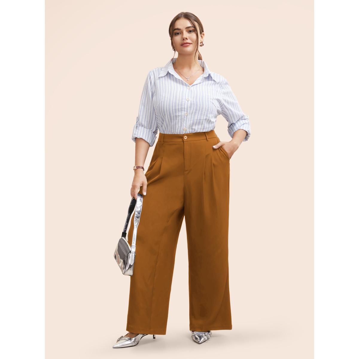Plus Size Stretch Woven Pleated Elastic Waist Pants Women Yellowishbrown At the Office Wide Leg Mid Rise Office Pants BloomChic 30/6X Product Image
