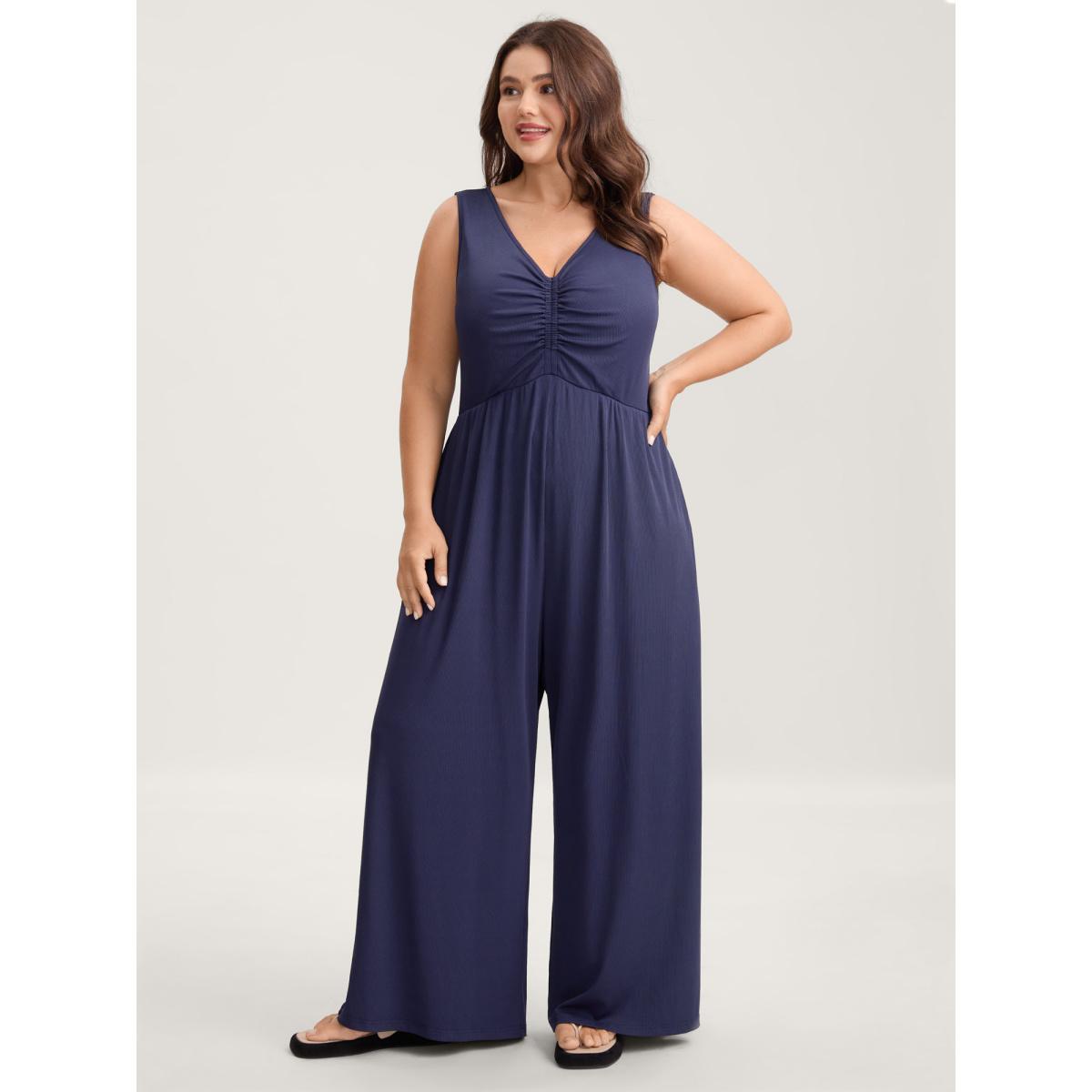 Plus Size DarkBlue Stretchy Ruched Pleated Wide-Leg Jumpsuit Women Sleeveless V-neck Everyday-Casual Loose Jumpsuits BloomChic 26/4X Product Image
