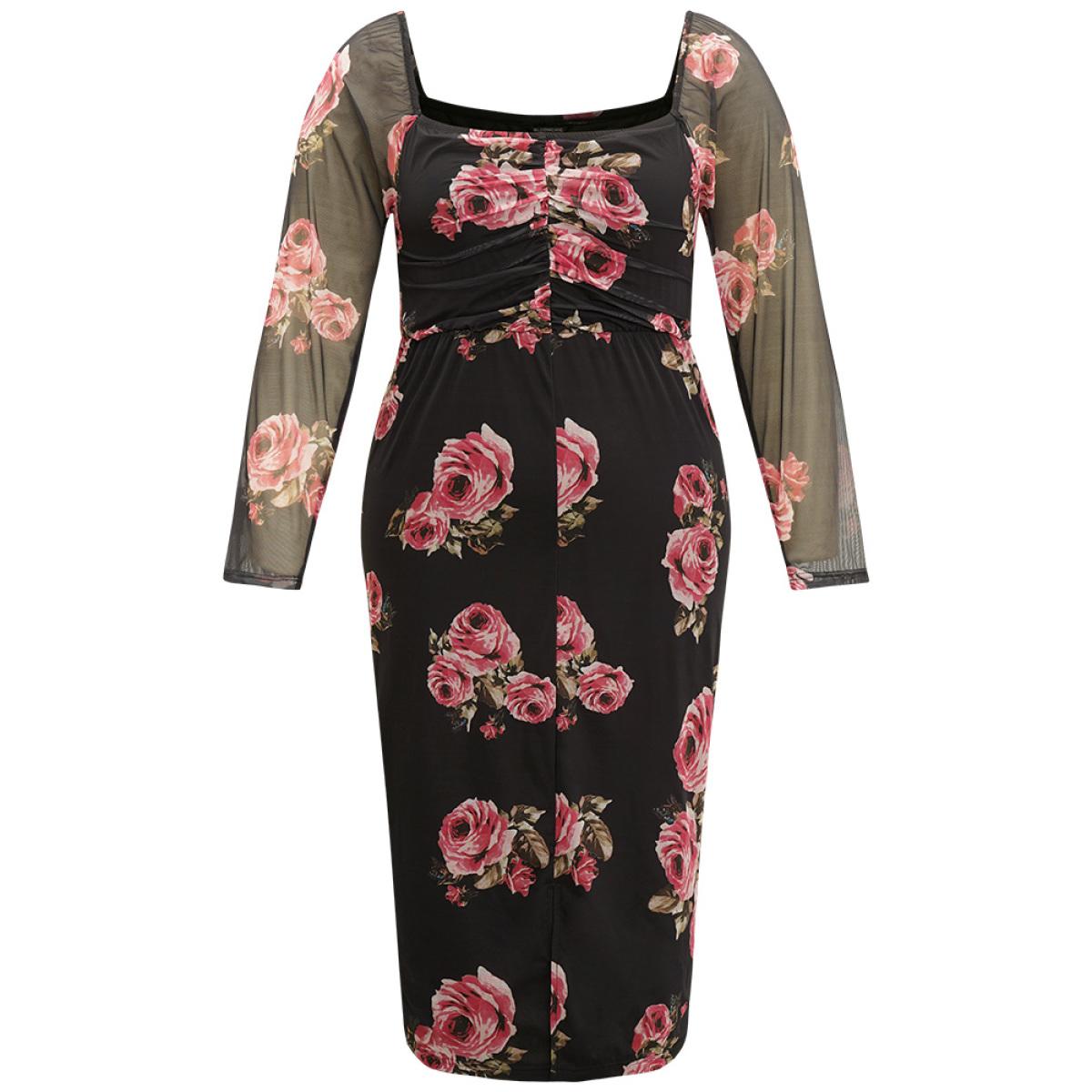Plus Size Floral Mesh Patchwork Ruched Square Neck Split Hem Dress BlackFlower Women Cocktail Gathered Square Neck Long Sleeve Curvy Midi Dress BloomChic 26/4X Product Image