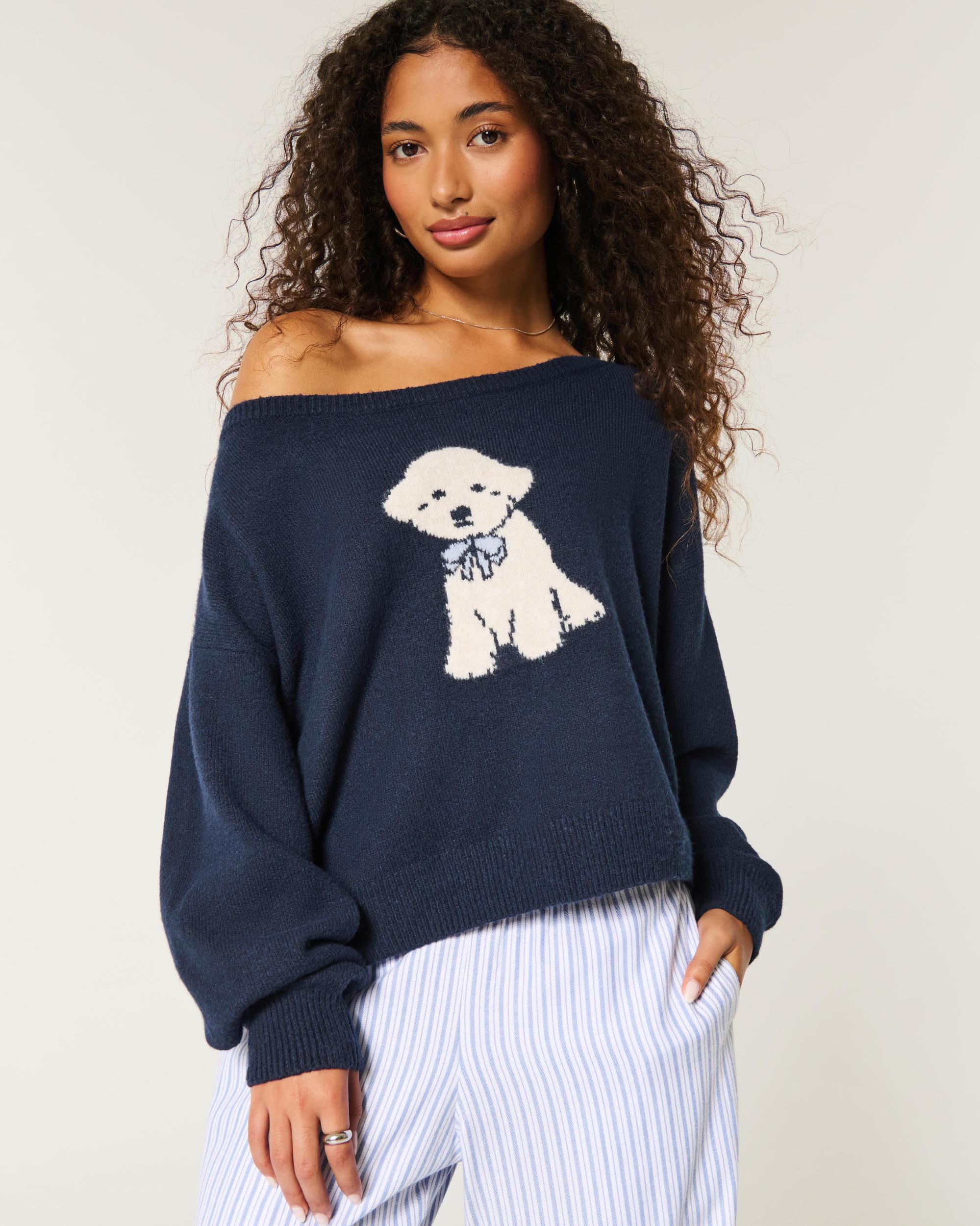 Hollister Comfy Cloud Easy Off-the-Shoulder Deer Graphic Sweater Product Image