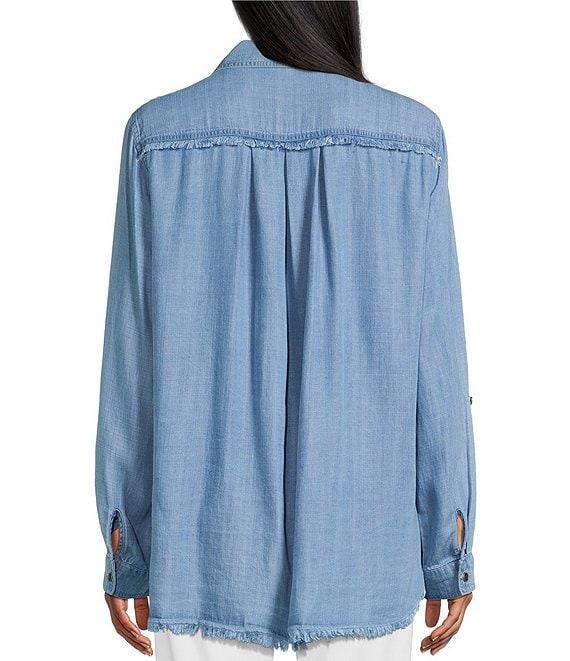 Multiples Lyocell Twill Point Collar Long Roll-Tab Sleeve Button-Front Fringed Shirt Product Image