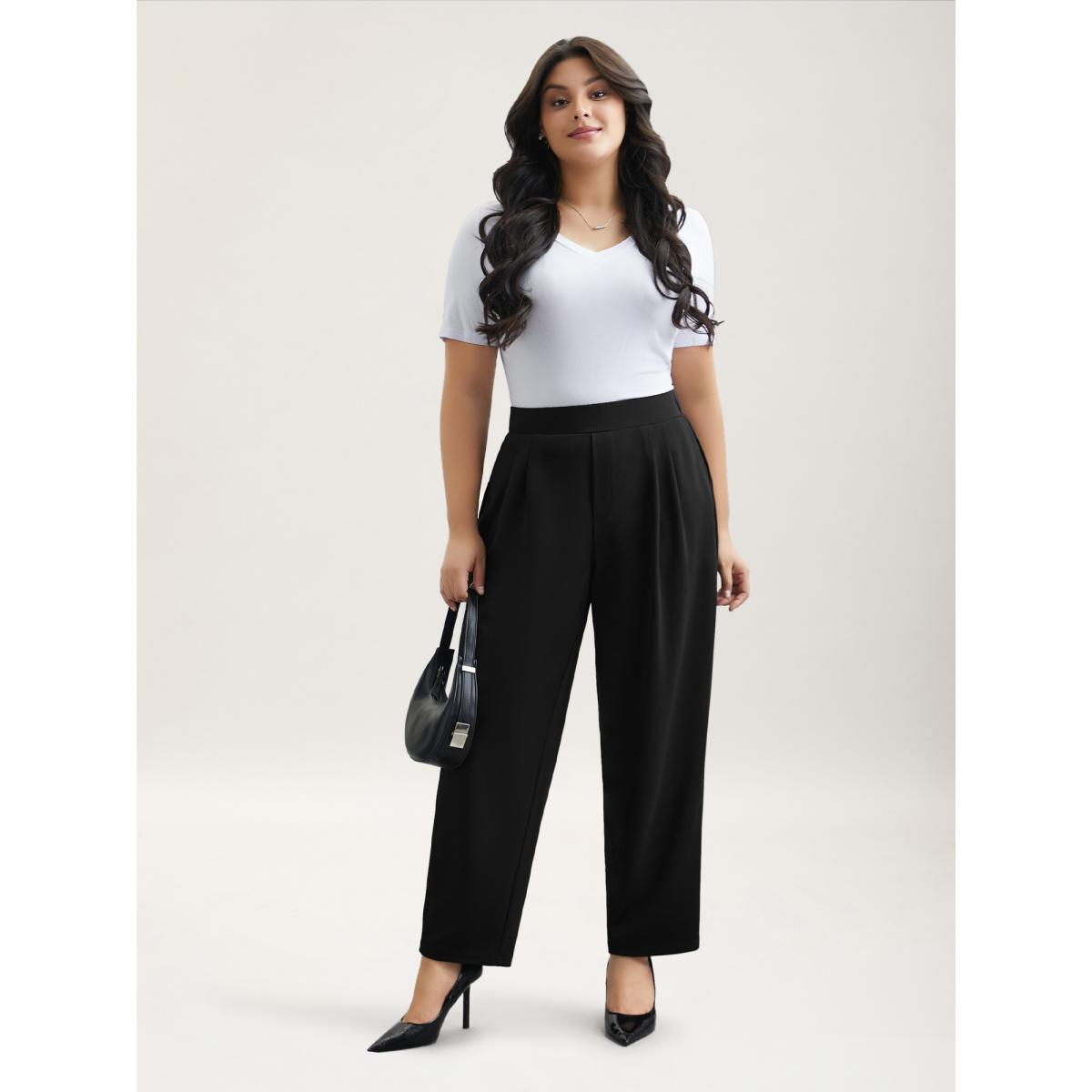 Plus Size Stretchy-Waist Straight Leg Pants Women Black Office Straight Leg Mid Rise Office Pants BloomChic 26/4X Product Image