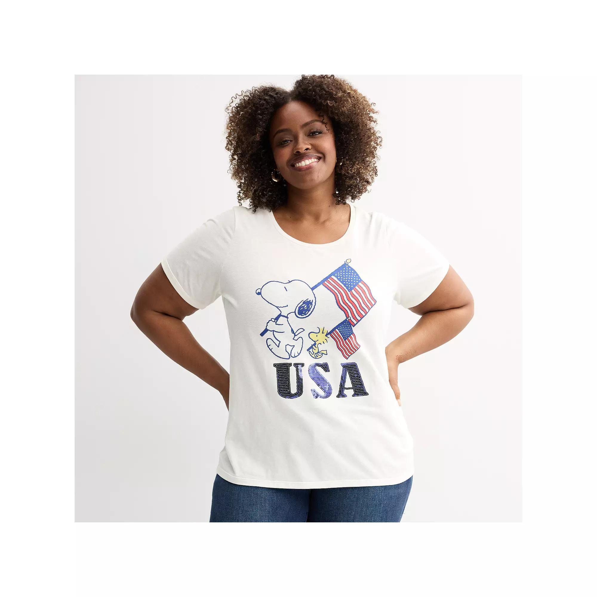Plus Size Peanuts Snoopy & Woodstock Flags USA Graphic Tee, Women's, Size: 5XL, Egret Product Image