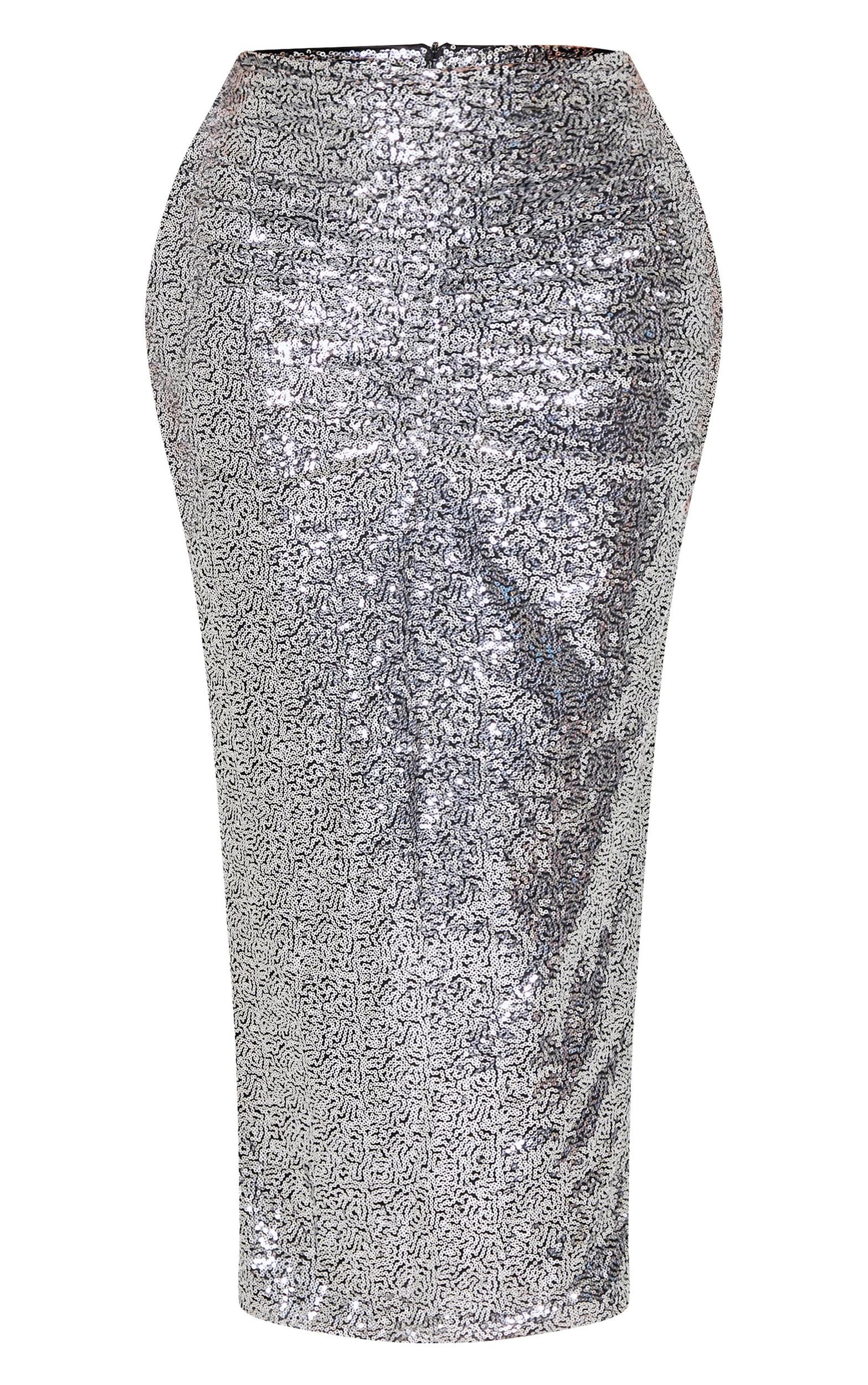 Shape Silver Sequin Ruched V Front Maxi Skirt Product Image