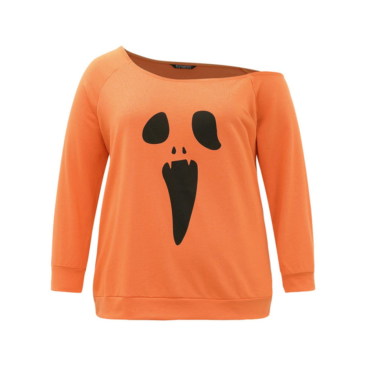Plus Size Halloween Print One Shoulder Raglan Sleeve Sweatshirt Women OrangeRed Casual Printed Festival-Halloween Sweatshirts BloomChic 14-16/1X Product Image