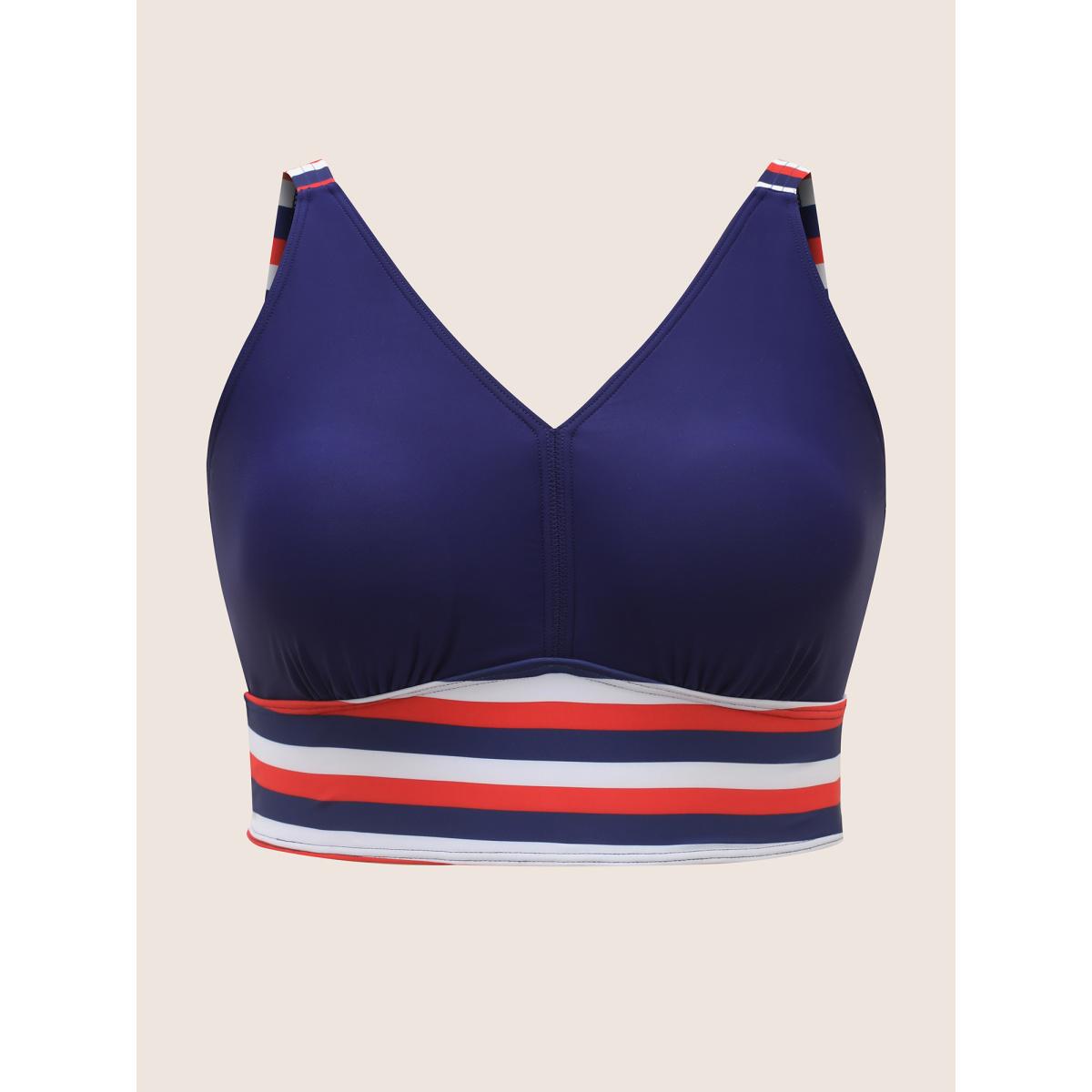 Plus Size Contrast Striped V Neck Gathered Swim Top Women's Swimwear Indigo Beach Gathered High stretch Skinny V-neck Curve Swim Tops BloomChic 26/4X Product Image