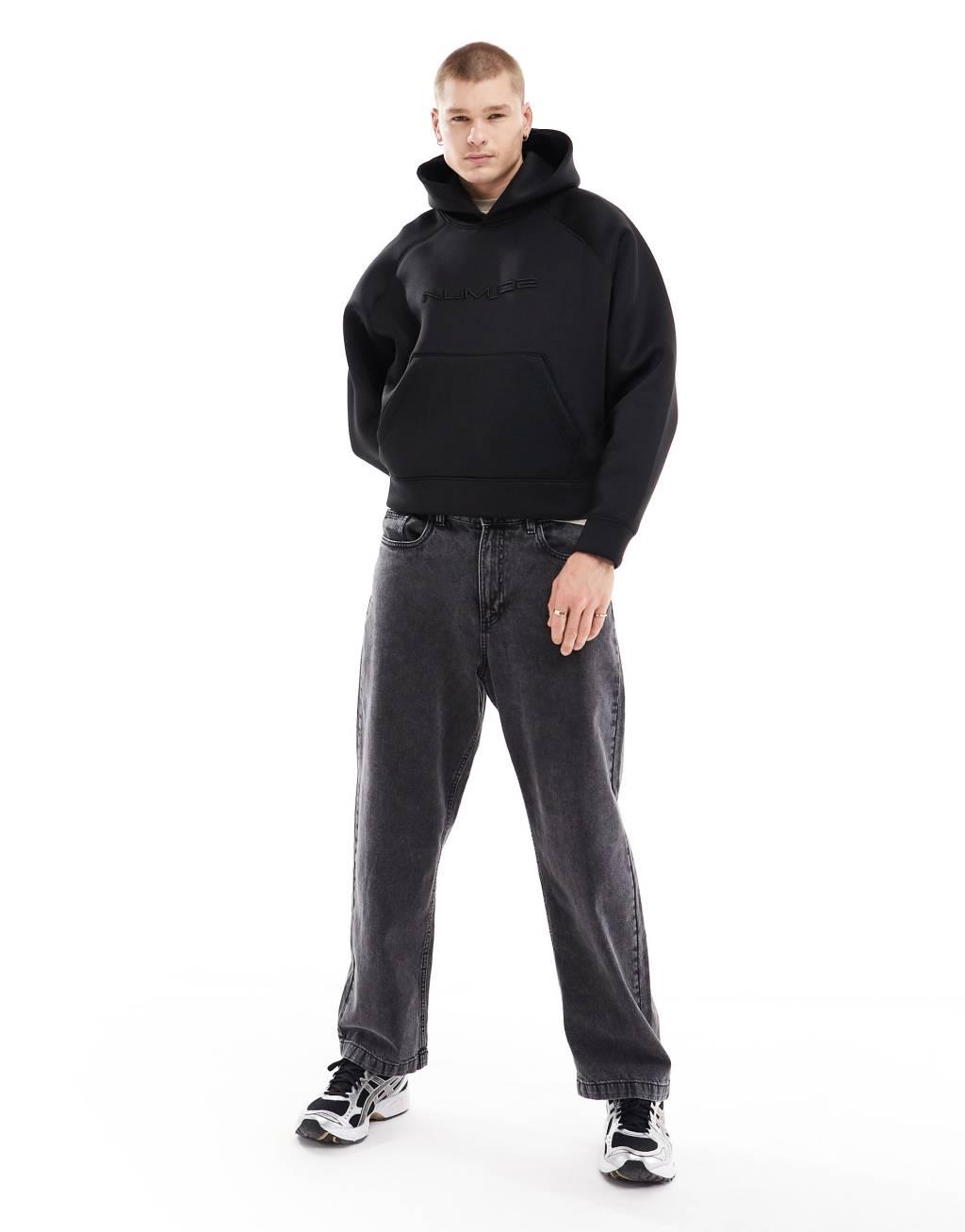 Bershka boxy fit premium hoodie in black Product Image