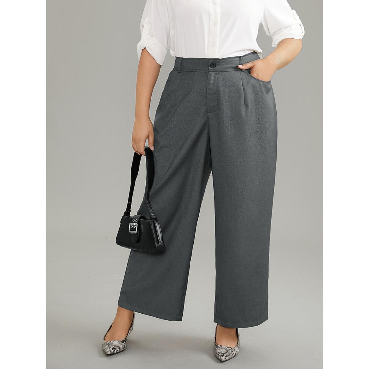 Plus Size Plain Pockec Straight Leg Zipper Fly Pants Women DimGray Office Straight Leg High Rise Office Pants BloomChic 14-16/1X Product Image