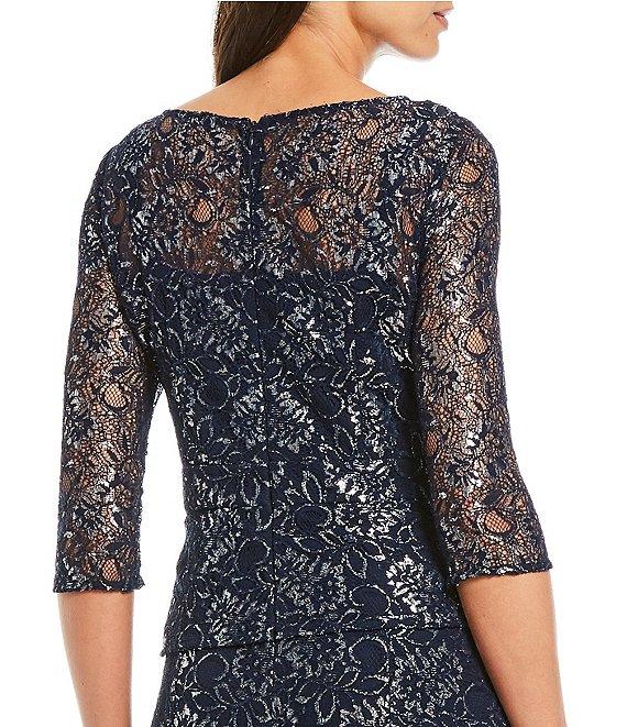 Le Bos Metallic Lace Peplum Round Neck 3/4 Sleeve Gown Product Image