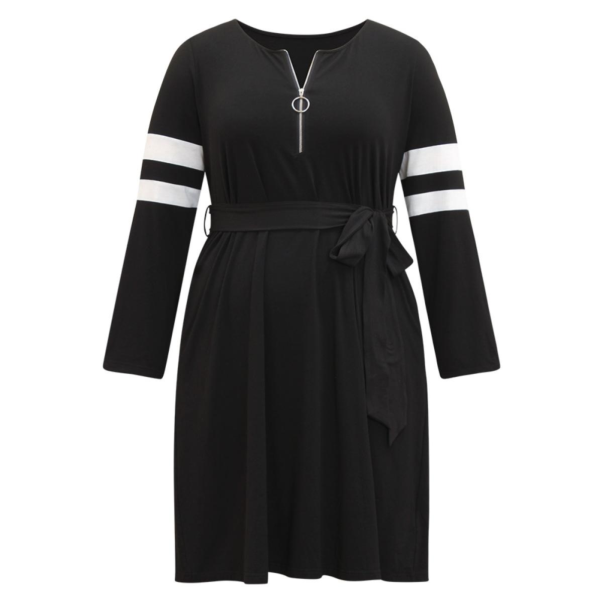 Plus Size Colorblock Patchwork Zipper Belted Dress Black Women Casual Belted Round Neck Long Sleeve Curvy Midi Dress BloomChic 30/6X Product Image