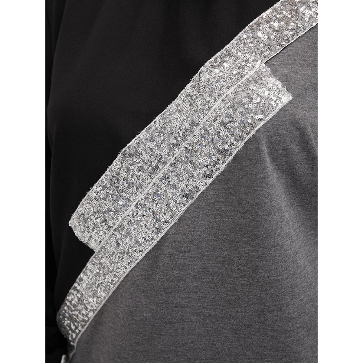 Plus Size Colorblock Contrast Sequin Drop Shoulder Sweatshirt Women DimGray Casual Contrast Round Neck Dailywear Sweatshirts BloomChic 28/5X Product Image