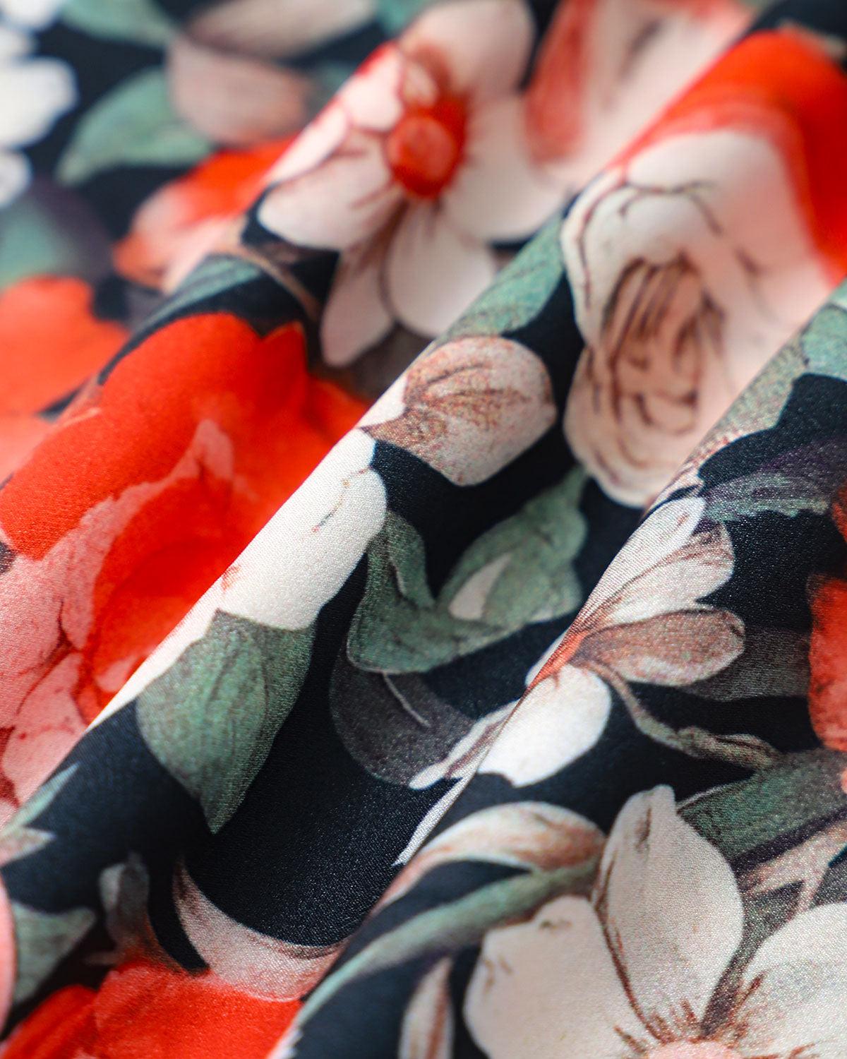 Black Floral Contrast Midi Dress Product Image