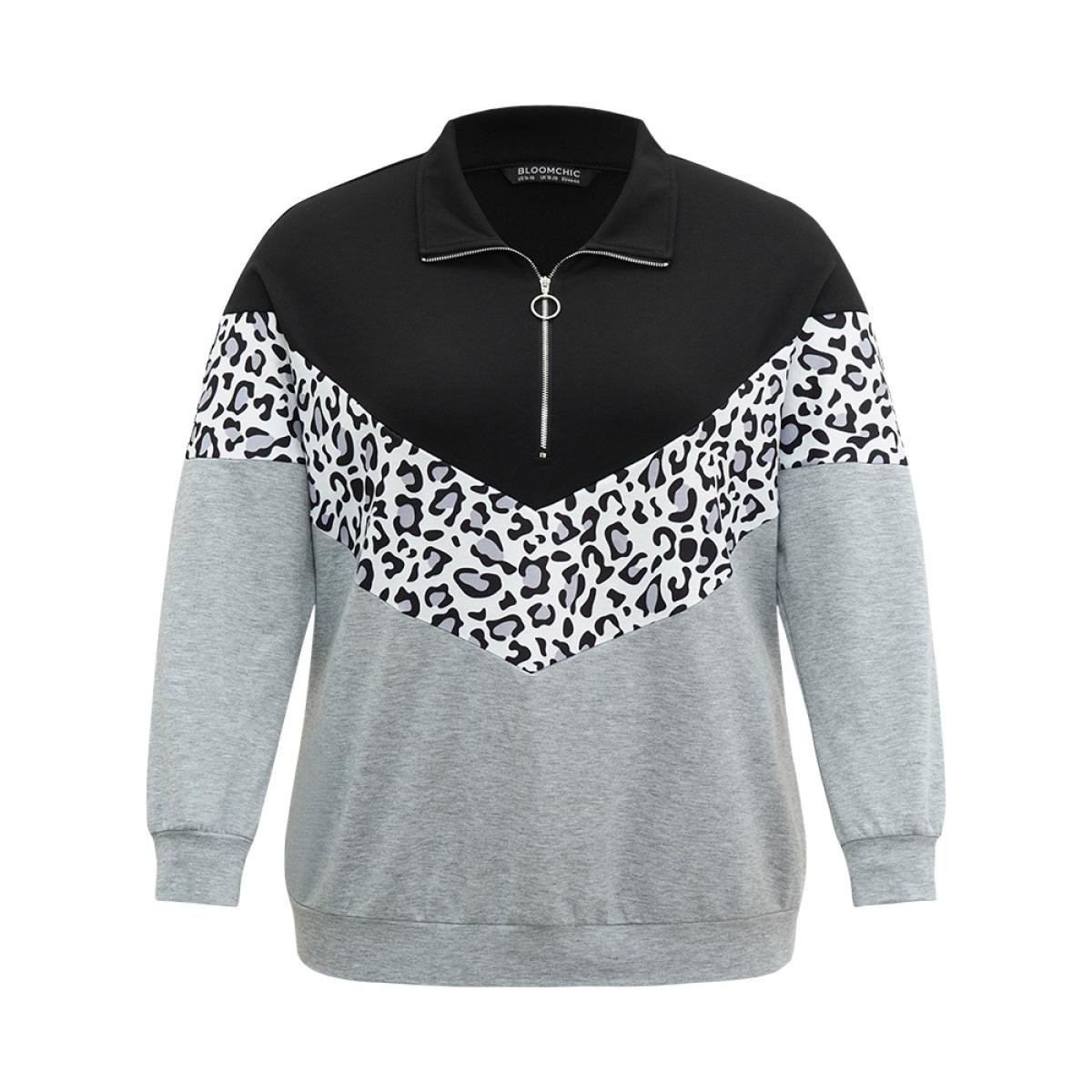 Plus Size Leopard Contrast Patchwork Half Zip Sweatshirt Women Black Casual Elastic cuffs Loose Polo Everyday Sweatshirts BloomChic 12/L Product Image