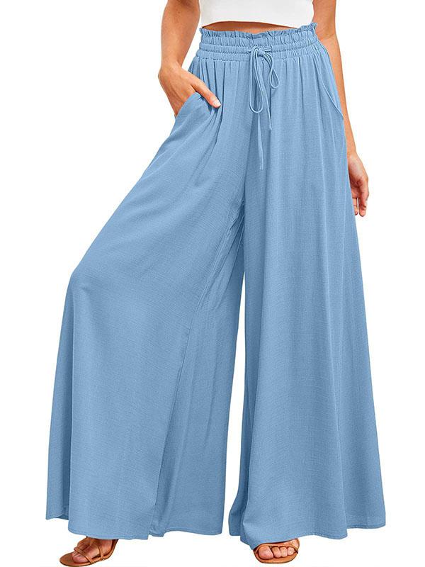 High Waisted Loose Drawstring Elasticity Pockets Solid Color Pants Trousers Product Image