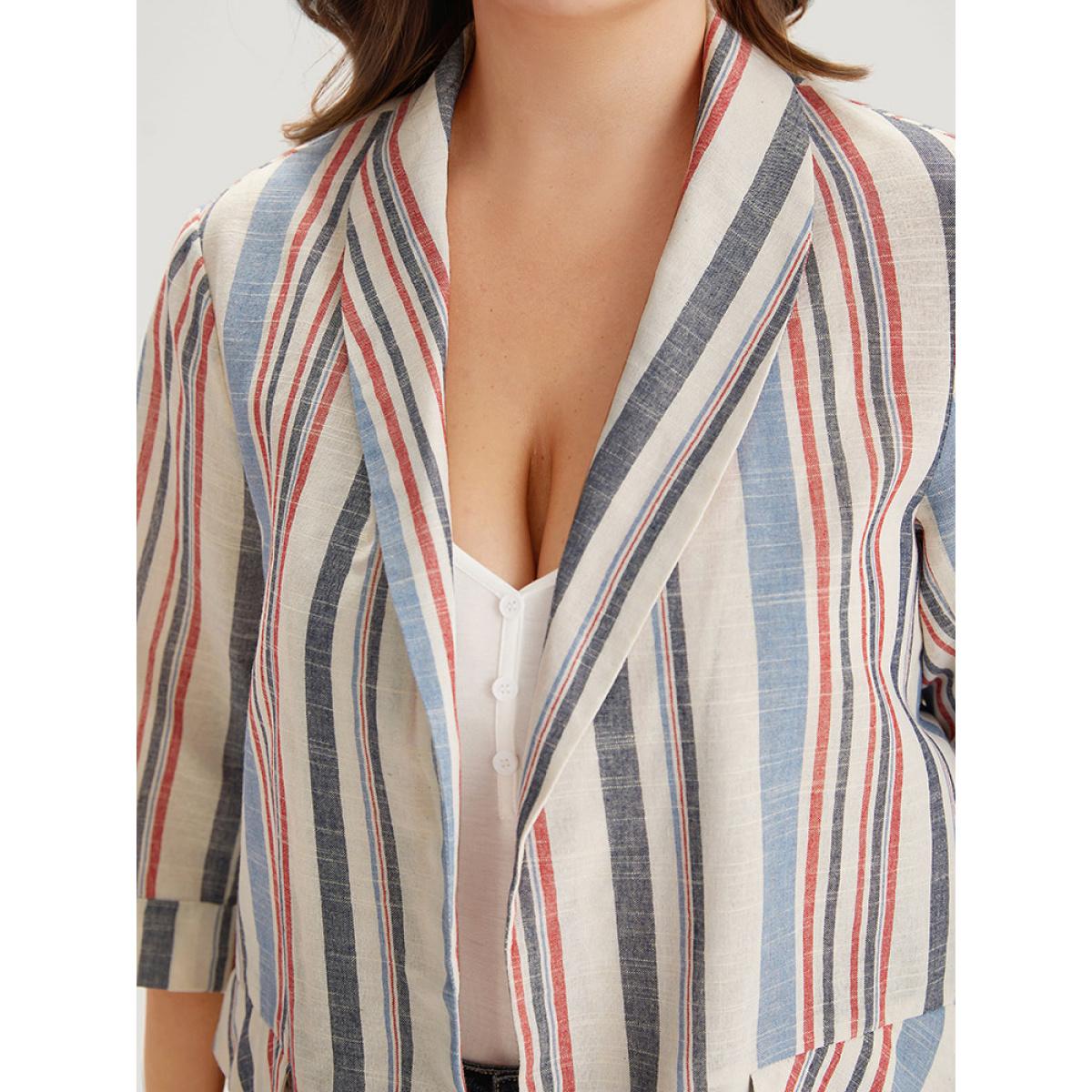 Plus Size Striped Lapel Collar Pocket Open Front Blazer DarkBlue Women Dailywear Striped Pocket Sleeve Elbow-length sleeve Lapel Collar 22-24/3X Pocket Casual Blazers BloomChic Product Image