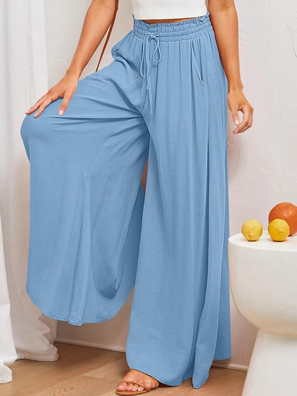 High Waisted Loose Drawstring Elasticity Pockets Solid Color Pants Trousers Product Image