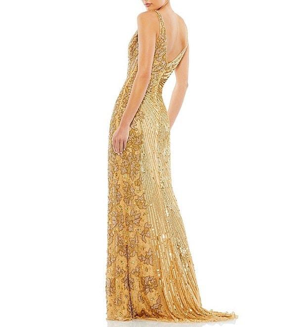Mac Duggal Beaded Sequin V-Neck Sleeveless Thigh High Side Slit Gown Product Image