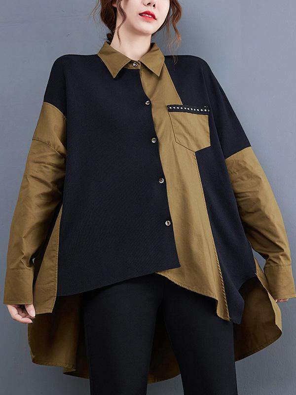 Artistic Retro Loose Split-Joint With Pocket Buttoned Lapel Collar Long Sleeves False Two Blouse Product Image