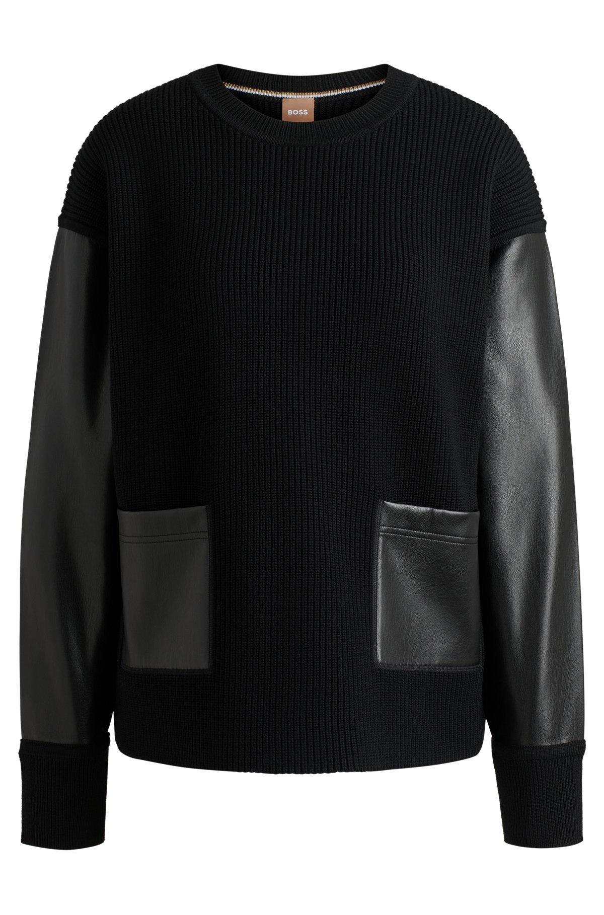 BOSS - Wool sweater with faux-leather sleeves - Black Product Image