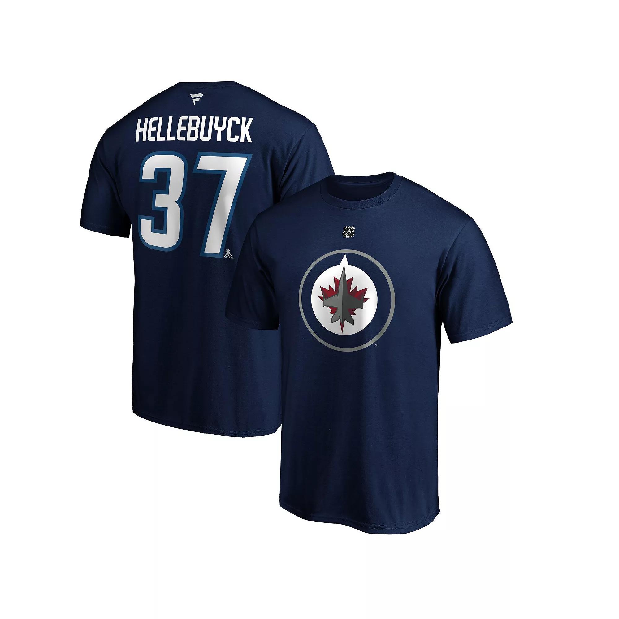 Men's Fanatics Connor Hellebuyck Navy Winnipeg Jets Authentic Stack Name & Number T-Shirt,  Product Image