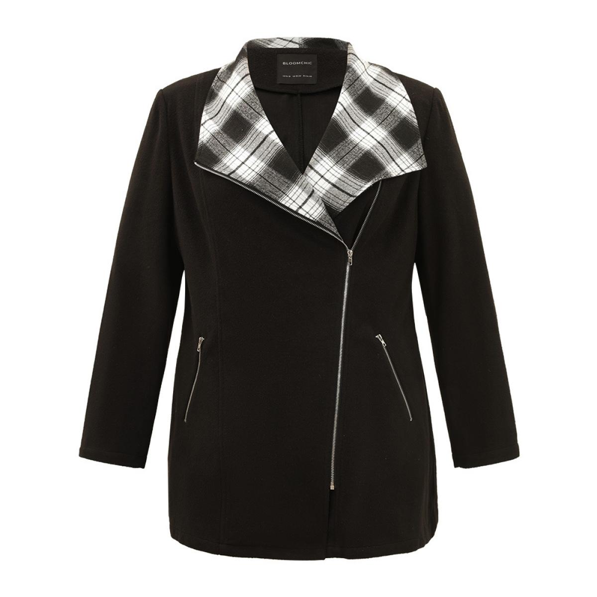 Plus Size Plaid Patchwork Lapel Collar Zipper Coat Women Black Elegant Contrast Ladies Everyday Winter Coats BloomChic 18-20/2X Product Image