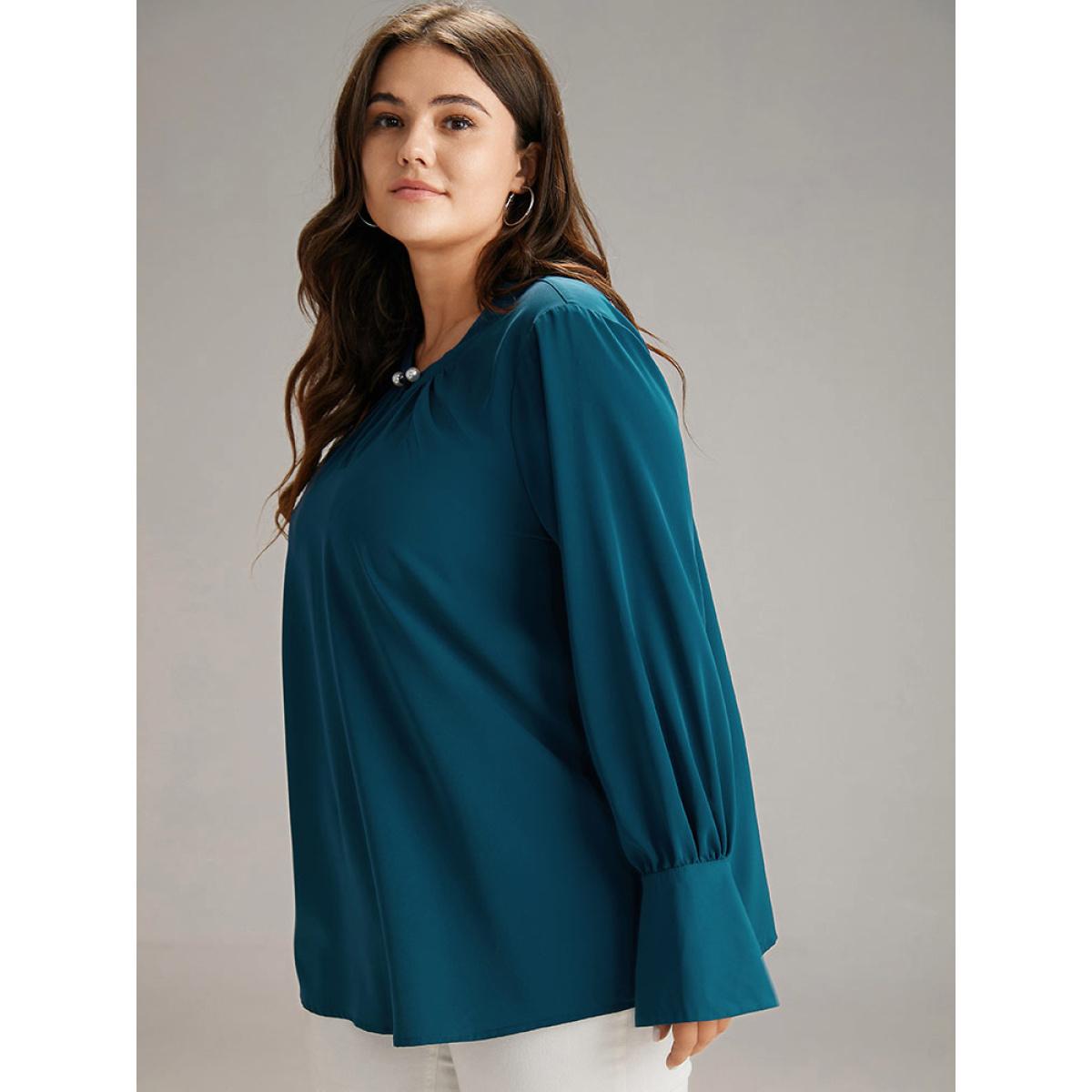 Plus Size Aegean Plain Pearl Beaded Plicated Detail Blouse Women Office Long Sleeve Round Neck Office Blouses BloomChic 12/L Product Image