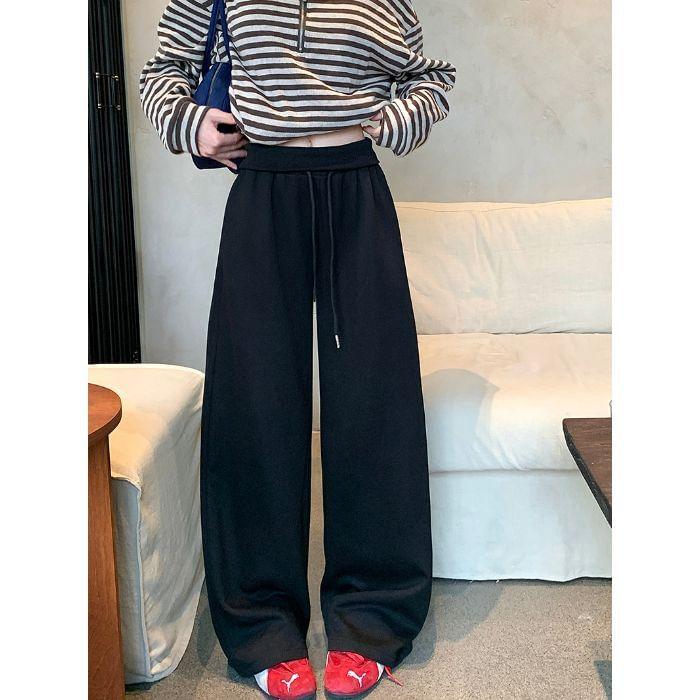 High Waist Plain Loose-Fit Wide-leg Sweatpants Product Image