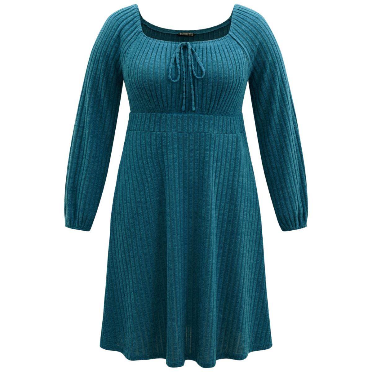 Plus Size Rib Knit Ties Square Neck Lantern Sleeve Dress Aegean Women Casual Elastic cuffs Square Neck Long Sleeve Curvy Midi Dress BloomChic 18-20/2X Product Image