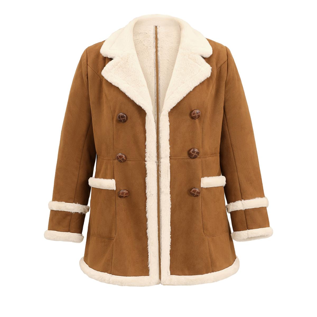 Plus Size Faux Suede Buckle Detail Fuzzy Trim Coat Women Chocolate Casual Lined Ladies Dailywear Winter Coats BloomChic 12/L Product Image