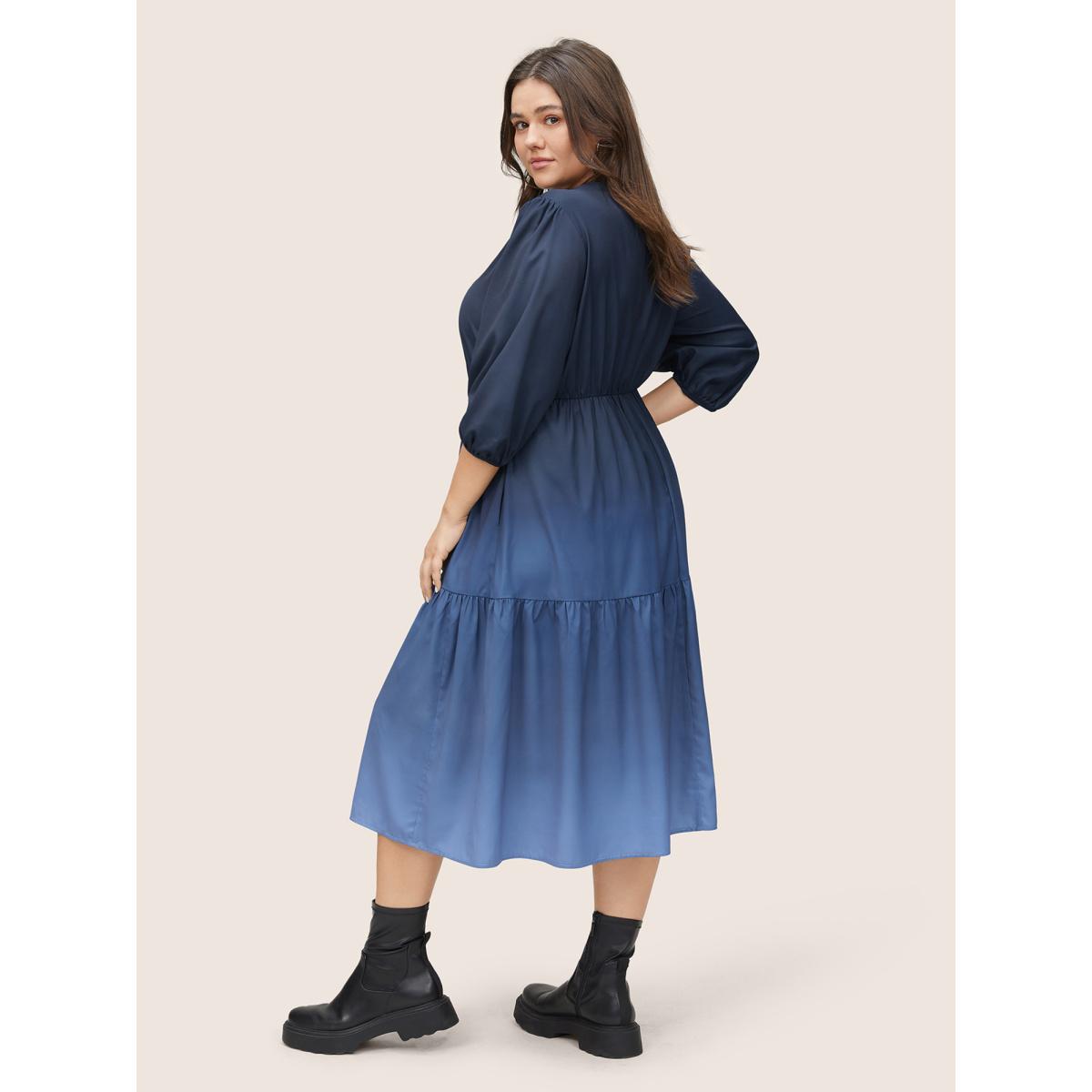 Plus Size Ombre Gathered Layered Notched Elastic Cuffs Dress Indigo Women Casual Non Notched collar Elbow-length sleeve Curvy Midi Dress BloomChic 26/4X Product Image