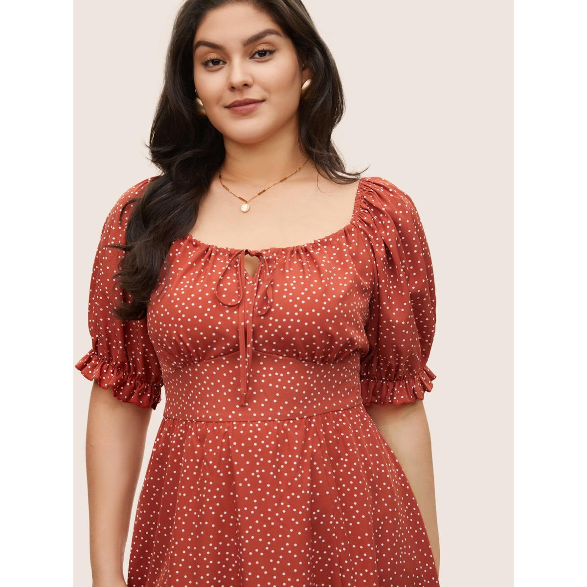 Plus Size Polka Dot Ties Lantern Sleeve Gathered Dress Rust Women Elegant Non Square Neck Short sleeve Curvy Midi Dress BloomChic 30/6X Product Image