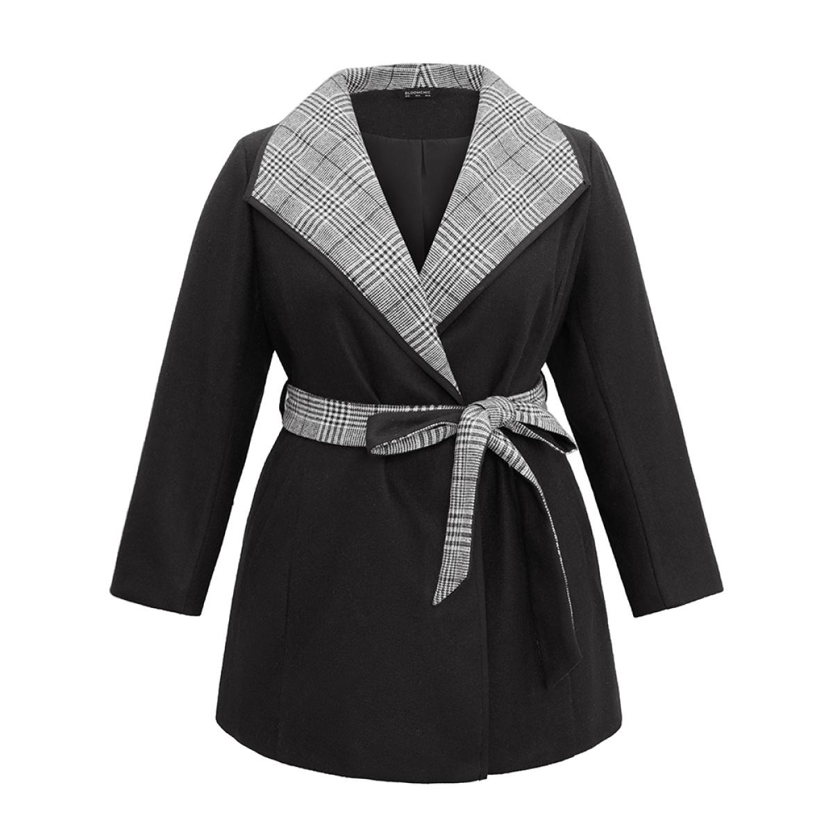 Plus Size Lapel Collar Patchwork Belted Contrast Coat Women Black Casual Lined Ladies Everyday Winter Coats BloomChic 28/5X Product Image