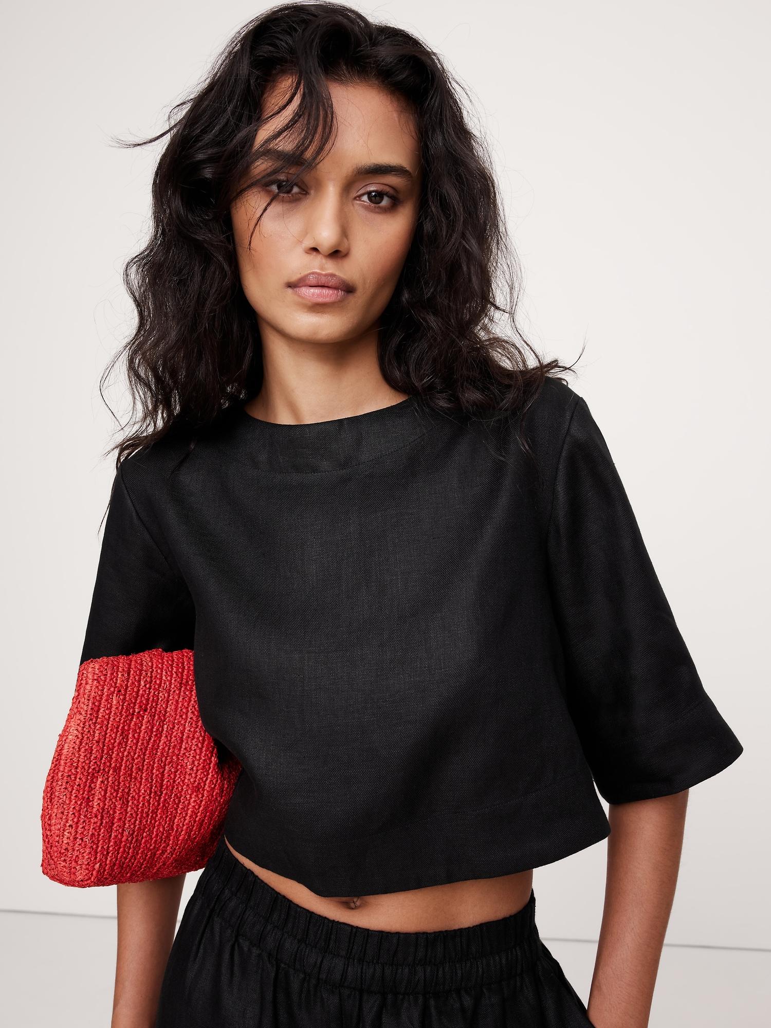Linen Boat-Neck Cropped Top Product Image