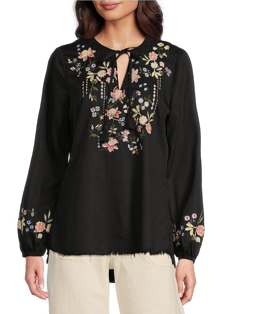 Reba Nell Woven Split Neck 3/4 Blouson Sleeve Scalloped Lace Blouse Product Image