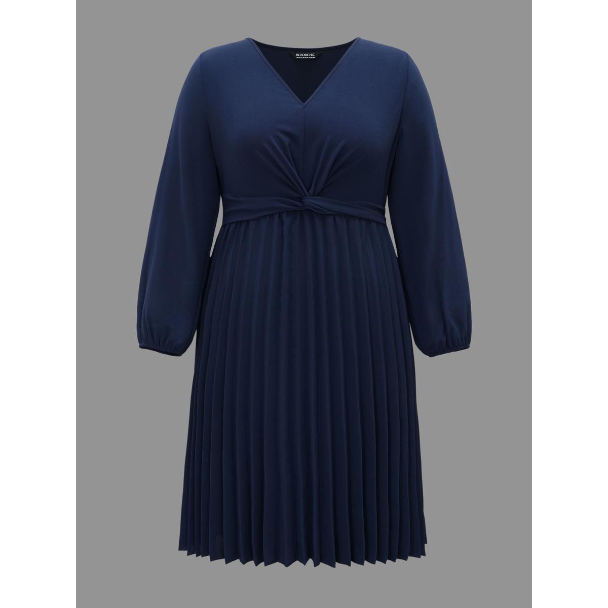 Plus Size V Neck Twist Front Pleated Dress Indigo Women At the Office Twist V-neck Long Sleeve Curvy BloomChic 18-20/2X Product Image