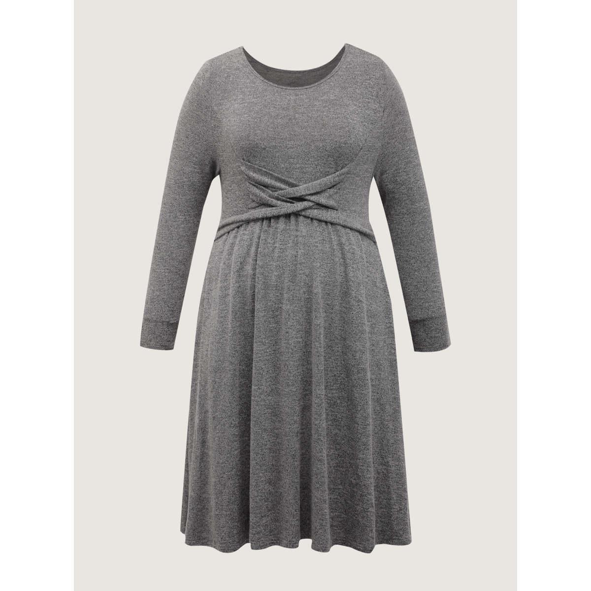 Plus Size Crossover Waist-Defining Round Neck Midi Dress DimGray Women Leisure Overlapping Round Neck Extra Long Sleeve Curvy BloomChic 18-20/2X Product Image