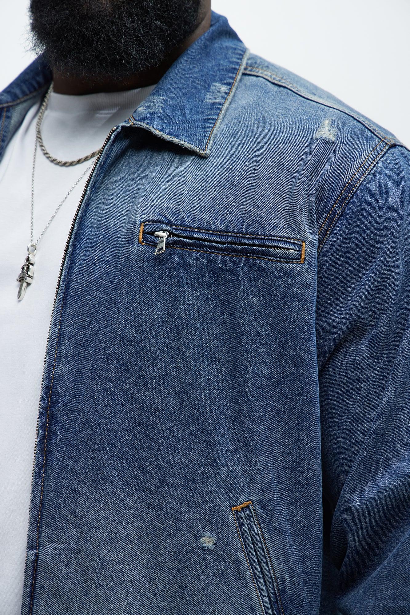 Distressed Zip Denim Jacket - Medium Wash Product Image