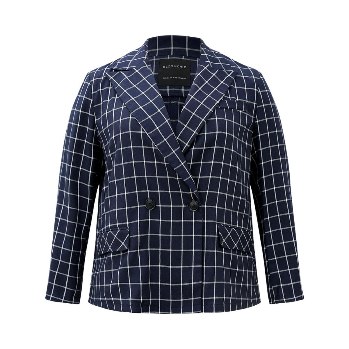Plus Size Plaid Flap Detail Suit Collar Button Up Blazer DarkBlue Women Dailywear Plaid Contrast Sleeve Long Sleeve Suit Collar 12/L Pocket Casual Blazers BloomChic Product Image