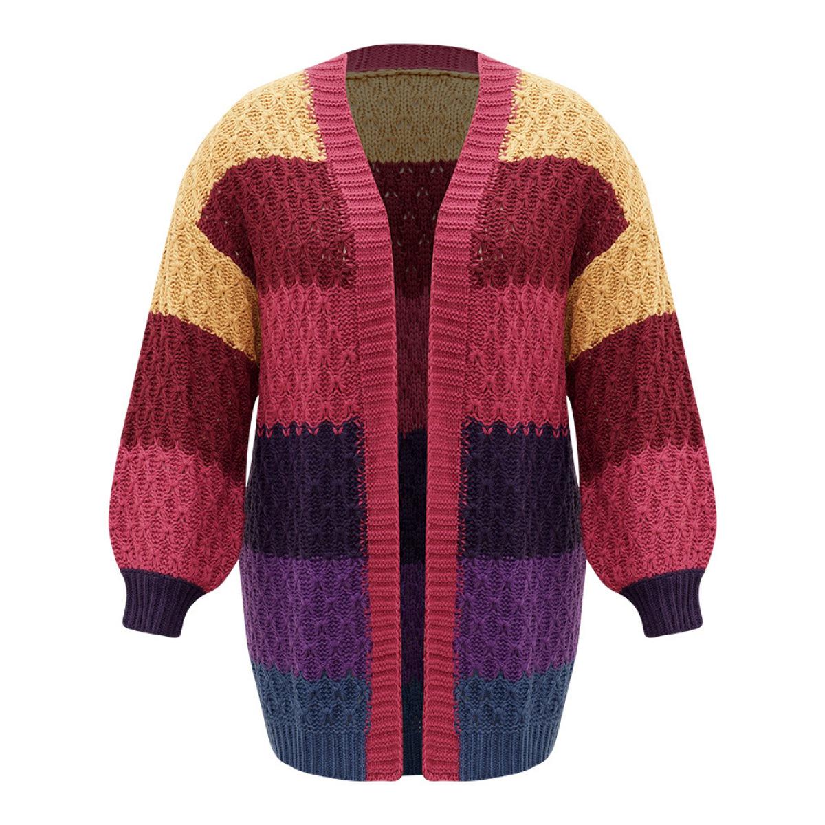 Plus Size Rainbow Colorblock Lantern Sleeve Cardigan Multicolor Women Casual Loose Long Sleeve Dailywear Cardigans BloomChic 10/M Product Image