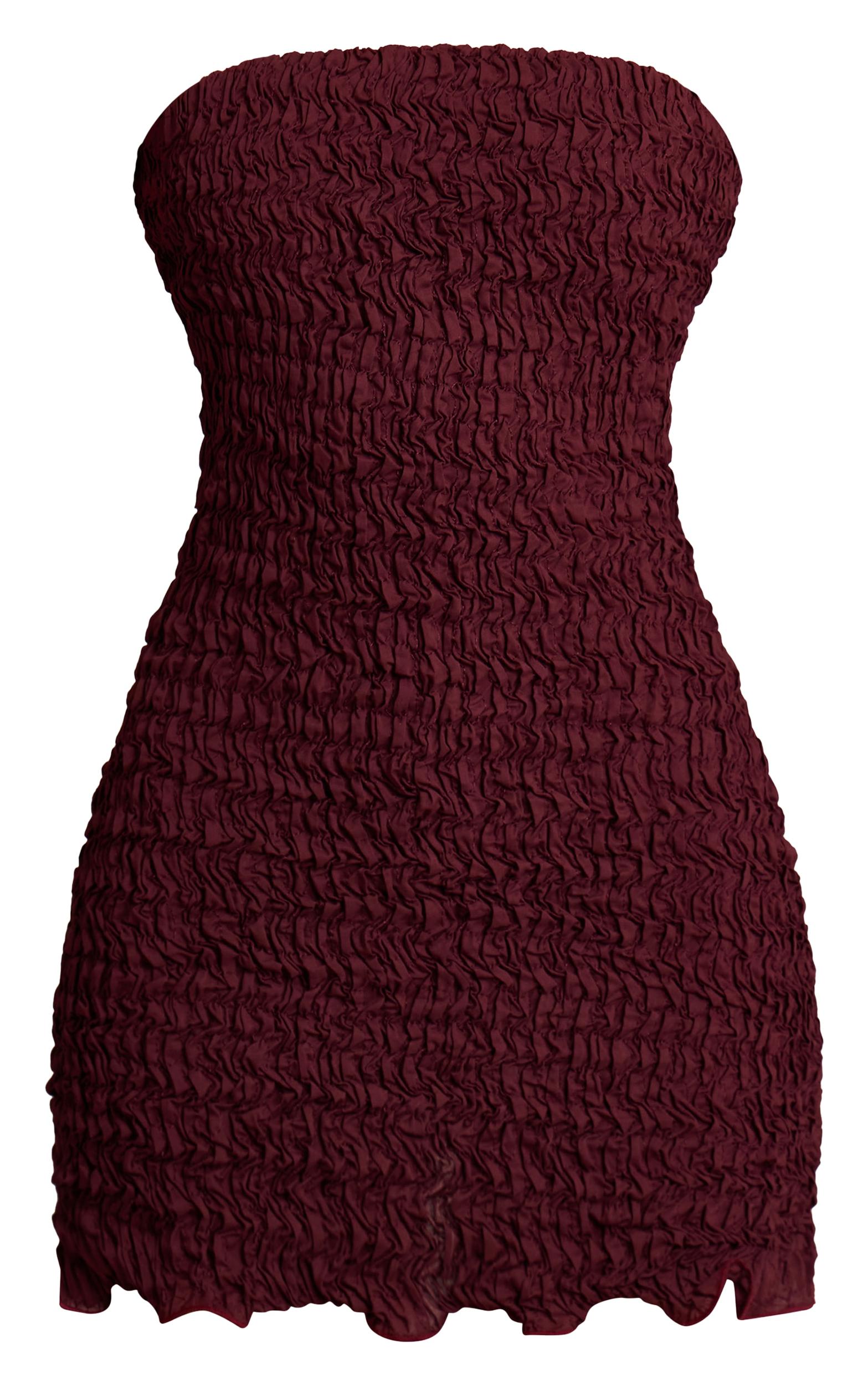 Dark Red Crinkle Textured Jersey Bandeau Bodycon Dress Product Image