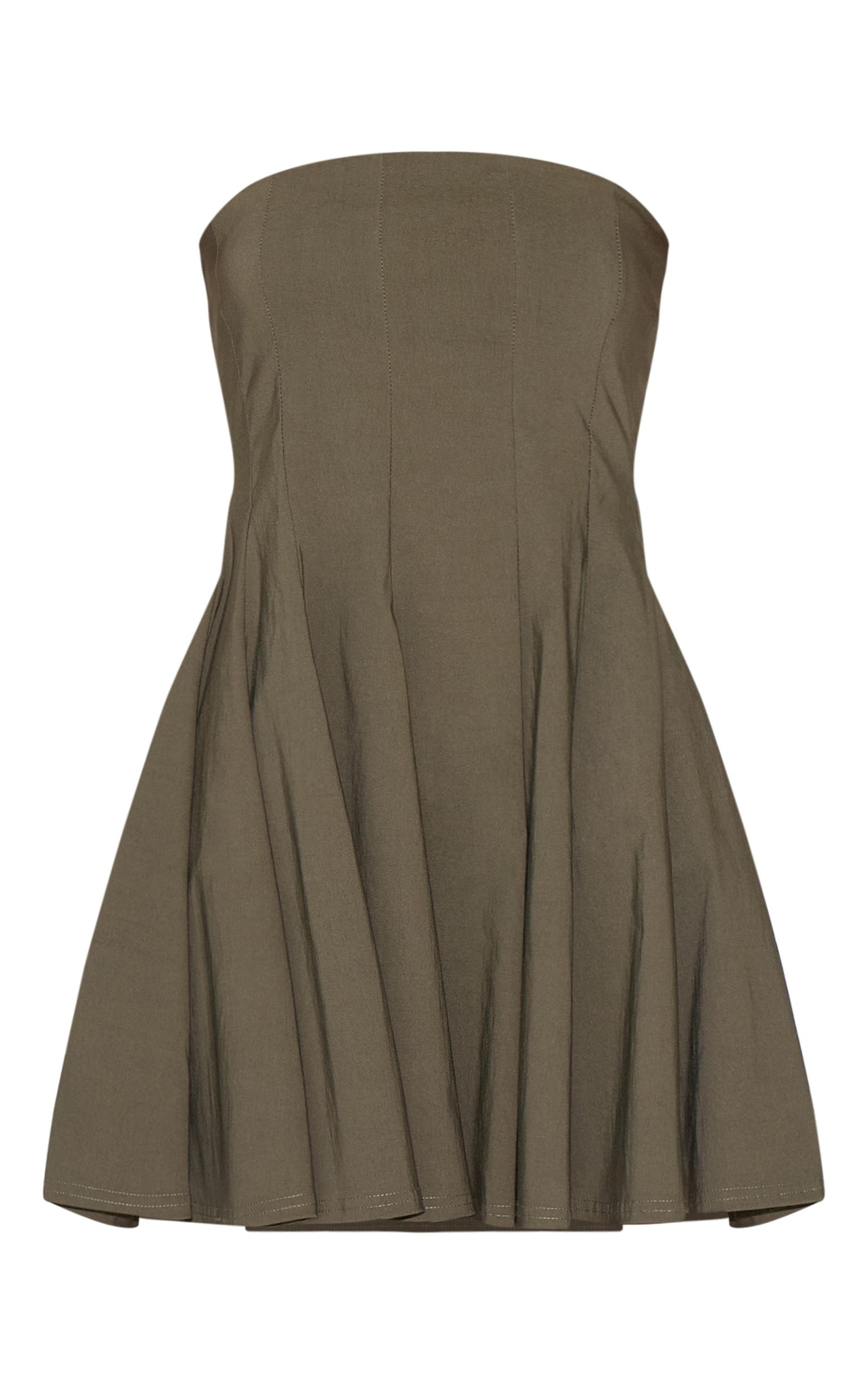 Khaki Stretch Woven Bandeau Pleated Shift Dress Product Image