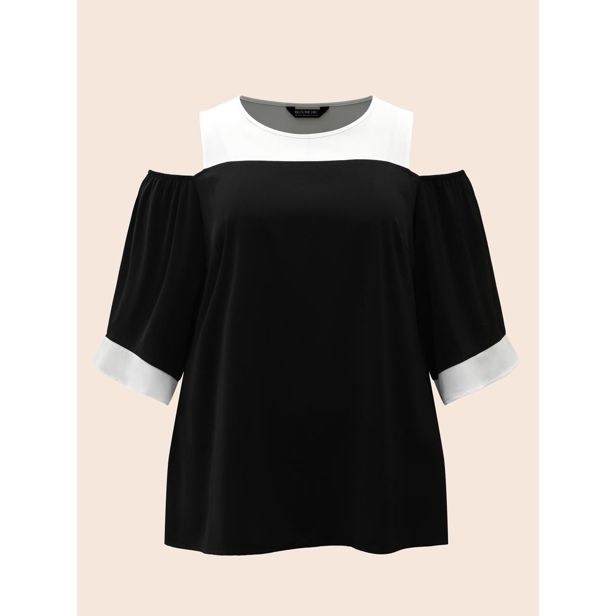 Plus Size Black Color-Block Off-Shoulder Pleated Blouse Women Elegant Elbow-length sleeve Round Neck Everyday Blouses BloomChic 26/4X Product Image