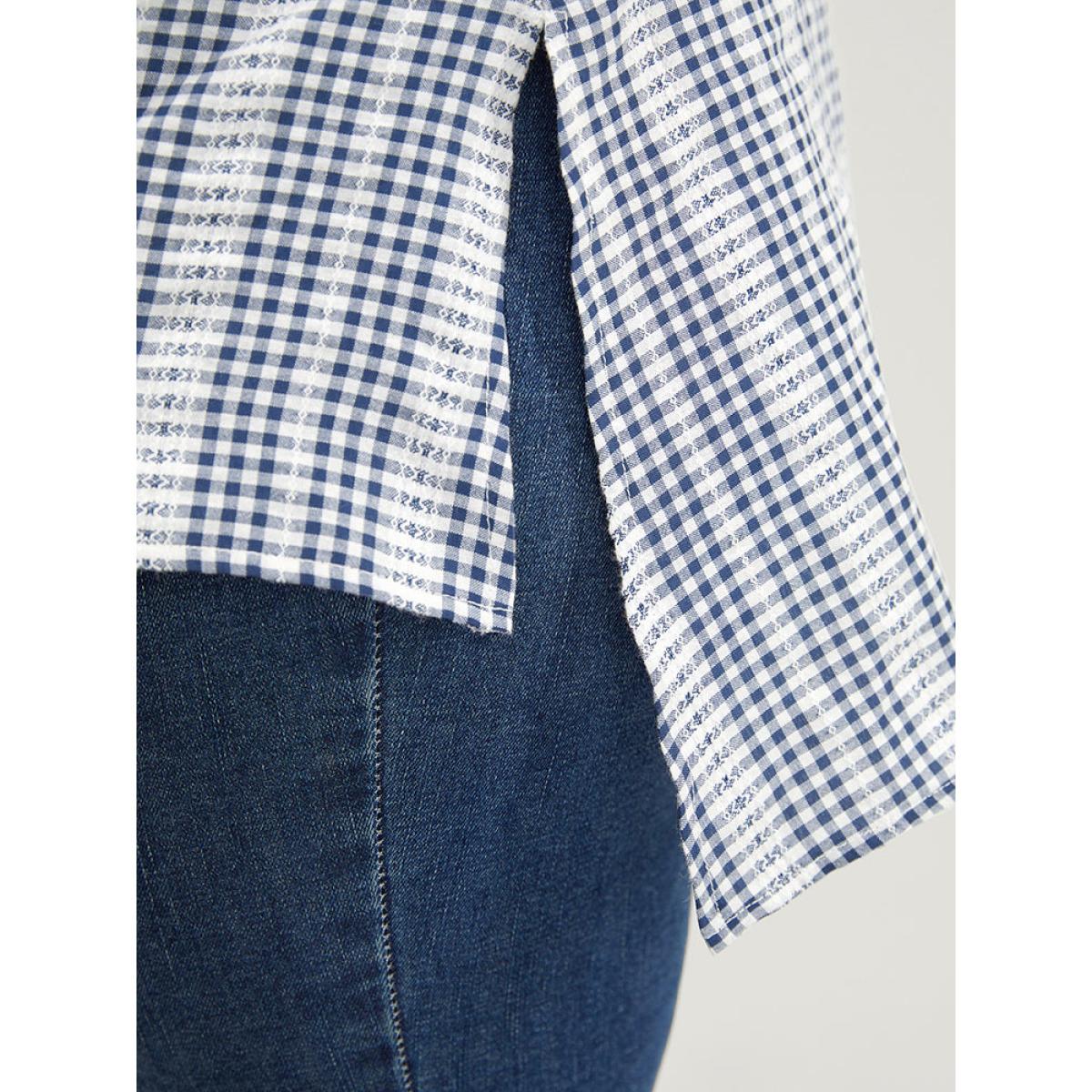 Plus Size Stone Plaid Shirt Collar Button Up Cuffed Sleeve Split Blouse Women Office Short sleeve Shirt collar Work Blouses BloomChic 22-24/3X Product Image