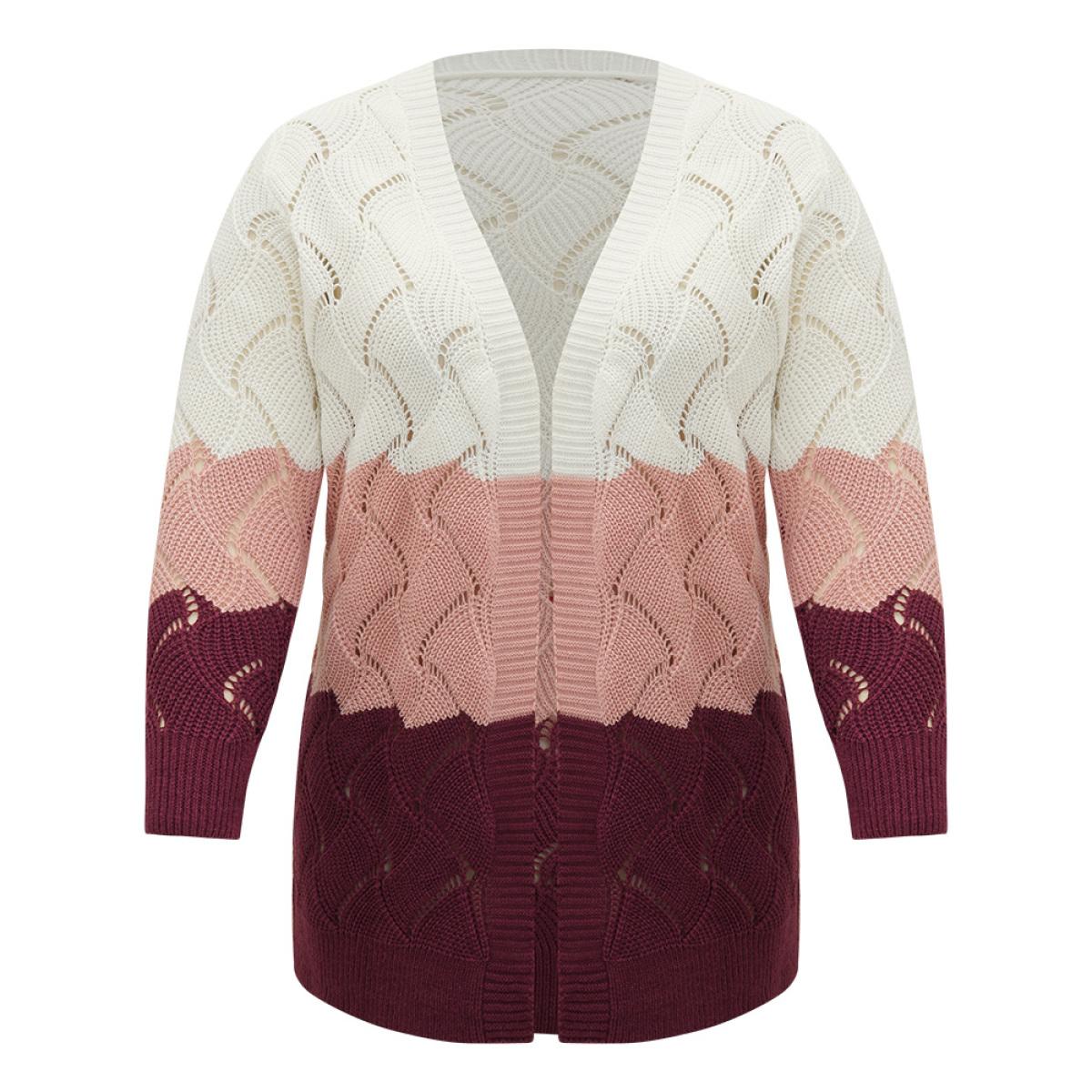 Plus Size Colorblock Contrast Open Front Eyelet Cardigan Multicolor Women Casual Loose Long Sleeve Dailywear Cardigans BloomChic 12/L Product Image