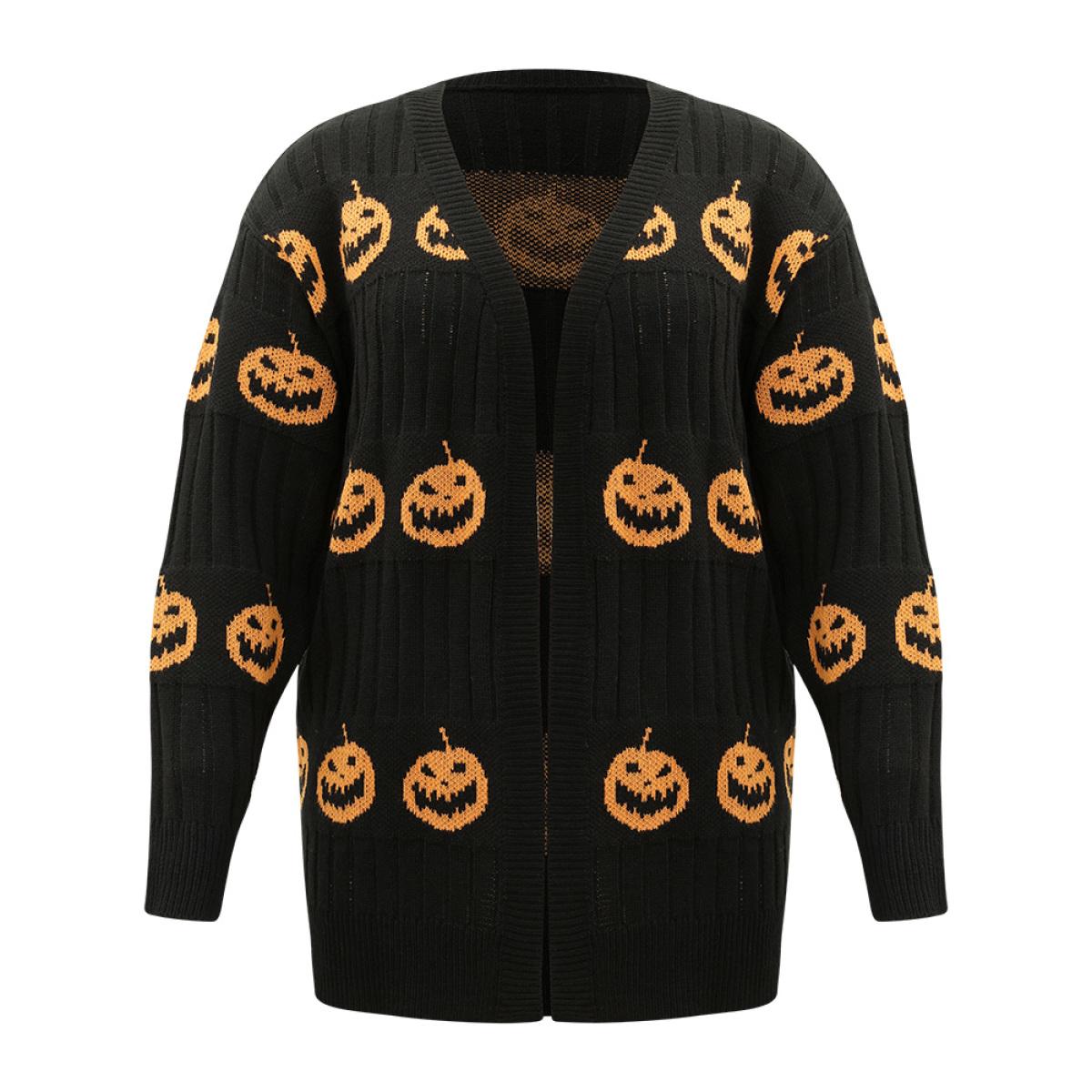 Plus Size Halloween Pumpkin Graphic Open Front Cardigan Black Women Casual Loose Long Sleeve Festival-Halloween Cardigans BloomChic 14-16/1X Product Image